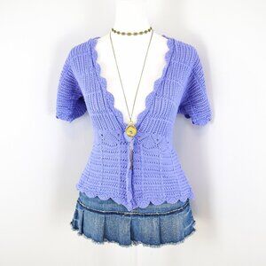VTG 00s Y2K JM Collection Lavender Purple Blue Knit Short Sleeve Cardigan Sz PM